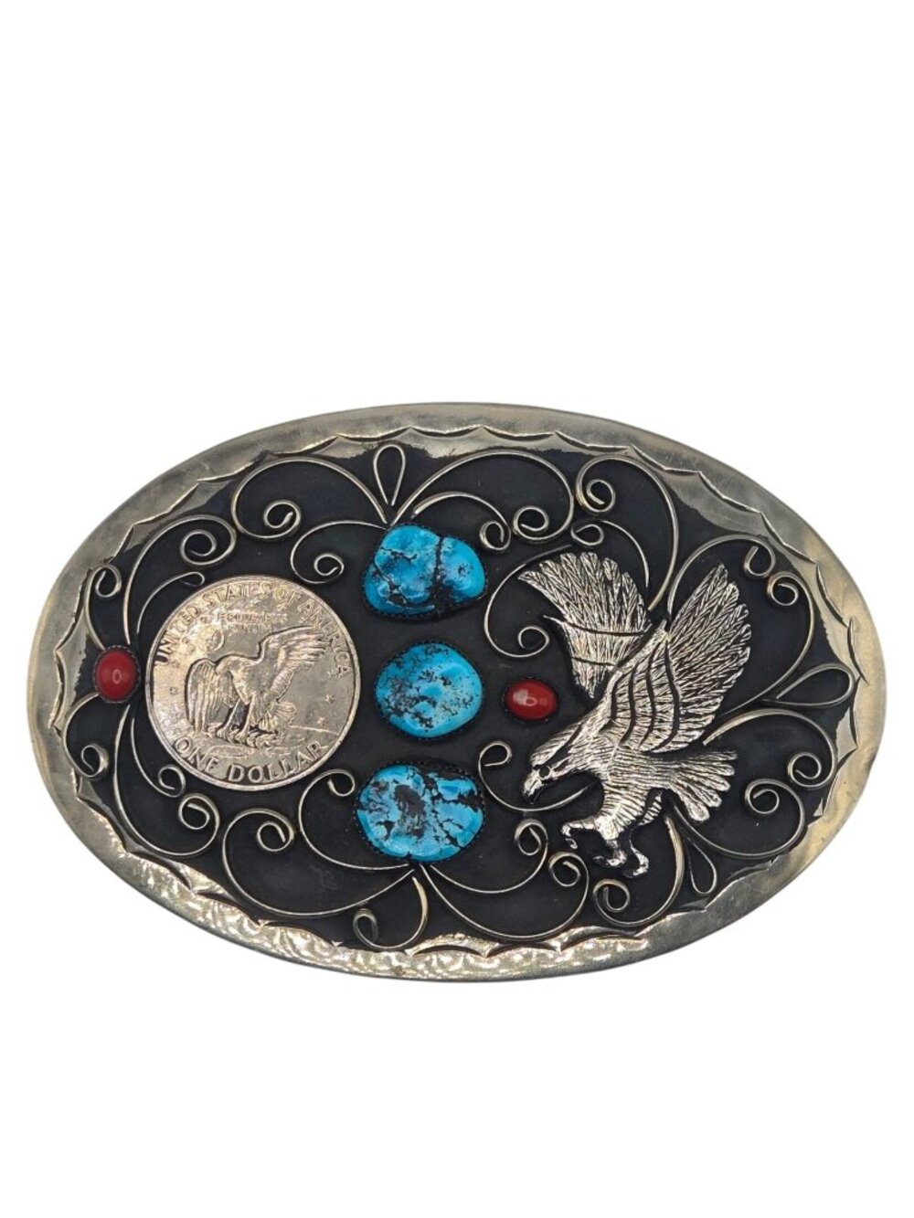 Extra Large Eagle Belt Buckle Turquoise Coral Dollar Coin 6 Inch Western Wear